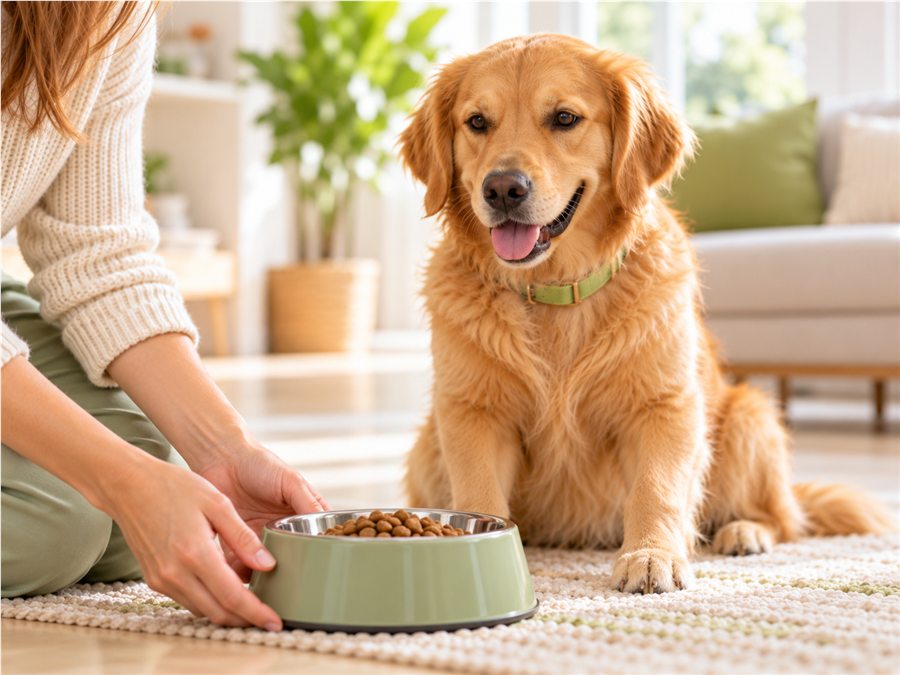 A calm moment as a dog gets ready for a meal