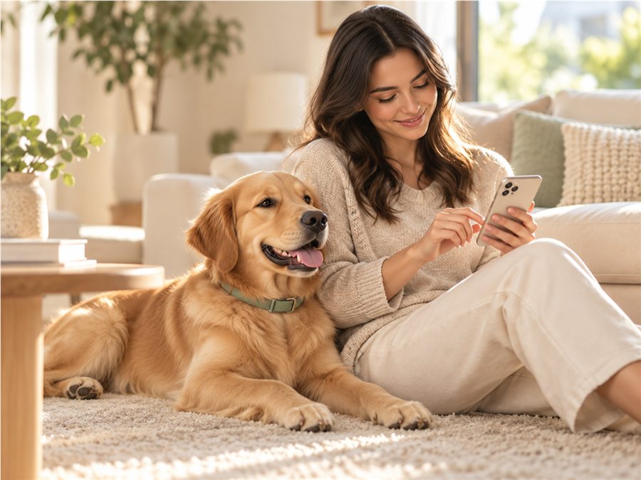 A person checking a care routine while spending time with their dog