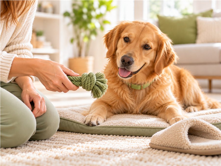 A dog practising calmly with their person at home